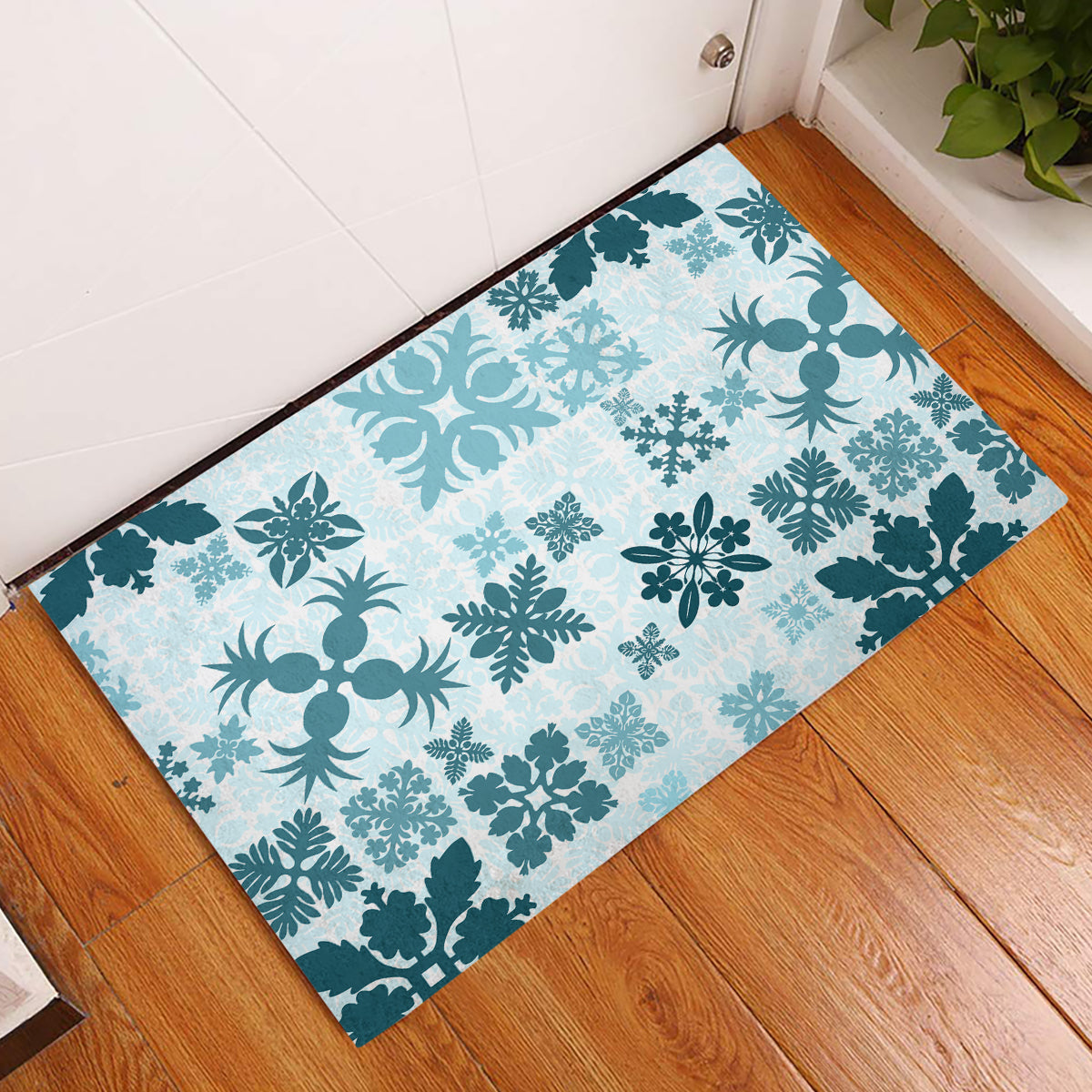 Vintage Hawaii Rubber Doormat Hawaiian Quilt Kapa Mismatch Teal - Wonder Print Shop