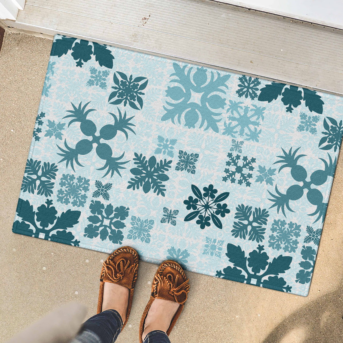 Vintage Hawaii Rubber Doormat Hawaiian Quilt Kapa Mismatch Teal - Wonder Print Shop