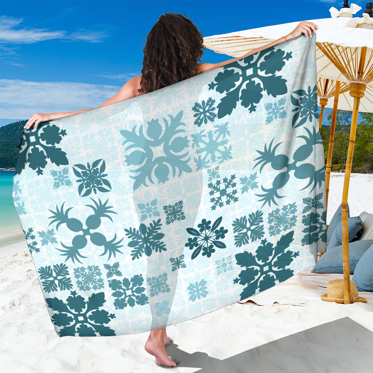 Vintage Hawaii Sarong Hawaiian Quilt Kapa Mismatch Teal - Wonder Print Shop