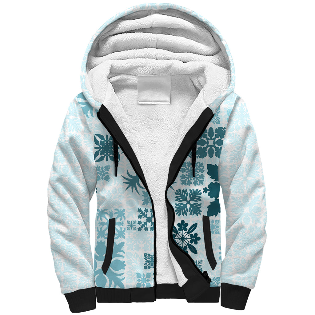 Vintage Hawaii Sherpa Hoodie Hawaiian Quilt Kapa Mismatch Teal - Wonder Print Shop
