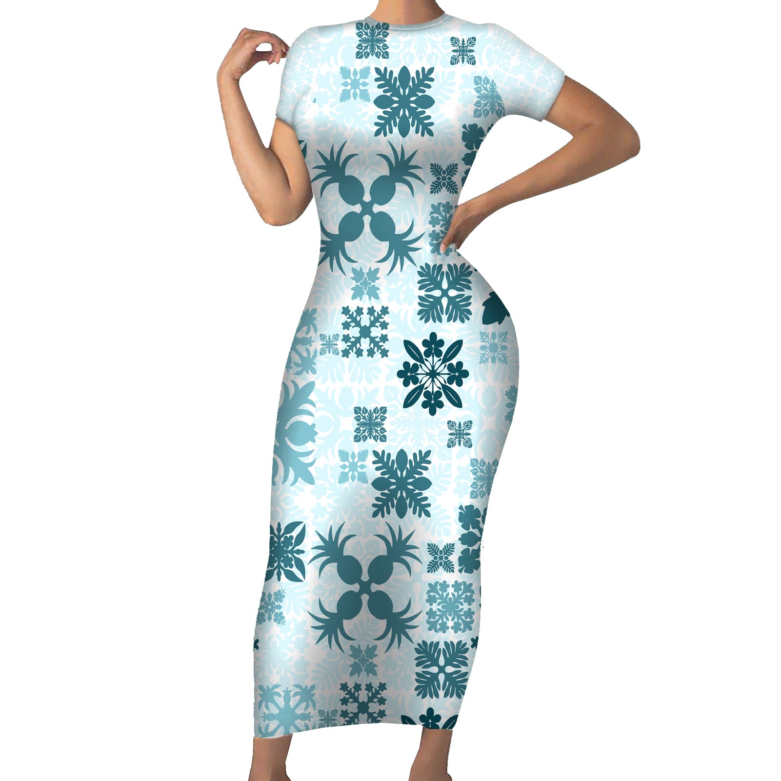 Vintage Hawaii Short Sleeve Bodycon Dress Hawaiian Quilt Kapa Mismatch Teal - Wonder Print Shop