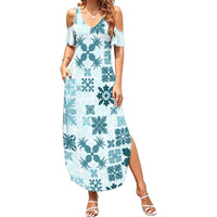 Vintage Hawaii Summer Maxi Dress Hawaiian Quilt Kapa Mismatch Teal - Wonder Print Shop