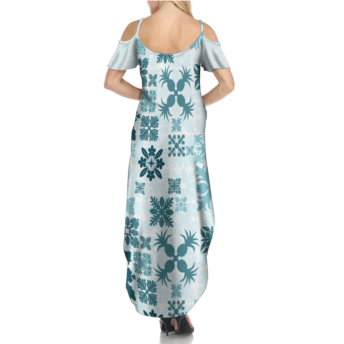 Vintage Hawaii Summer Maxi Dress Hawaiian Quilt Kapa Mismatch Teal - Wonder Print Shop