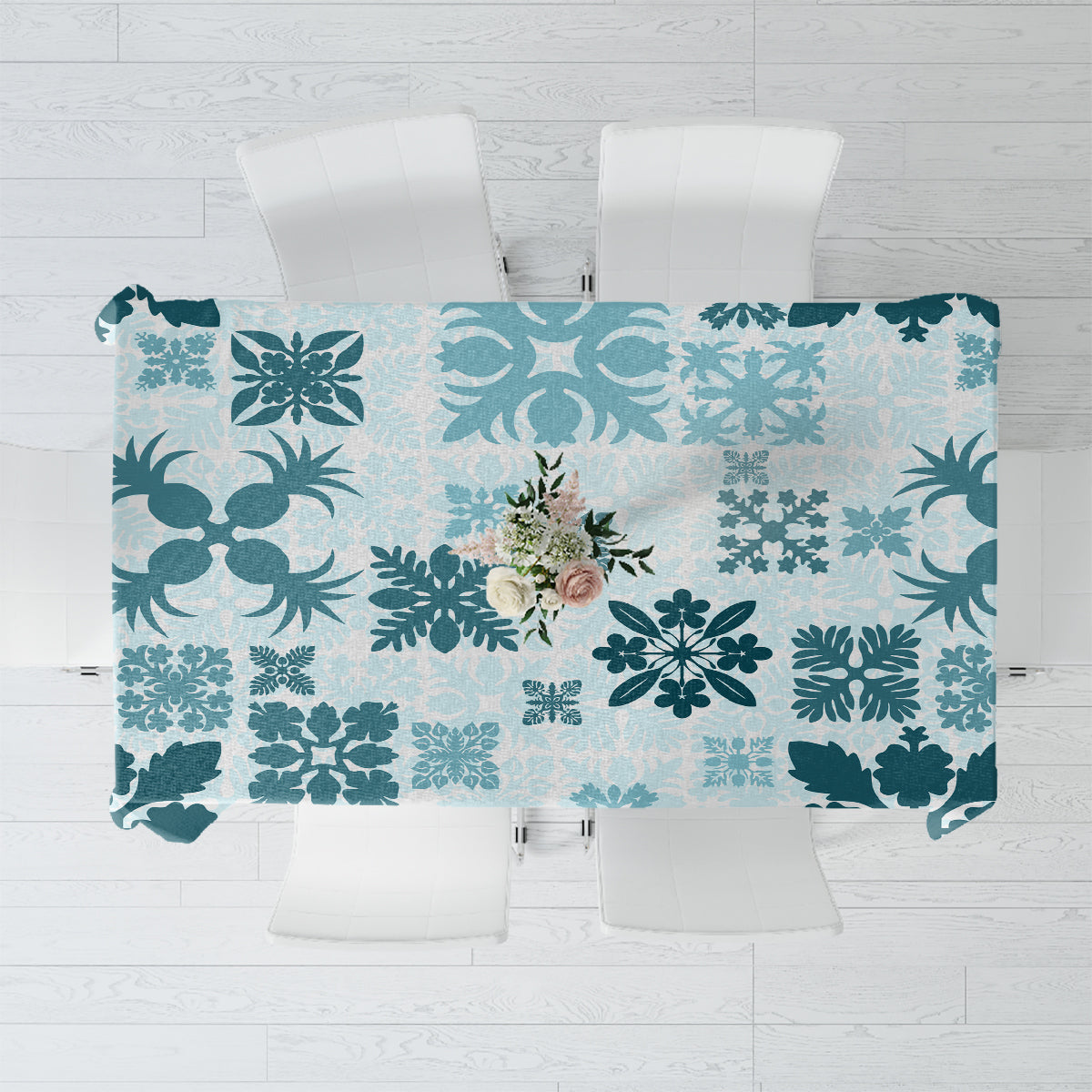 Vintage Hawaii Tablecloth Hawaiian Quilt Kapa Mismatch Teal - Wonder Print Shop