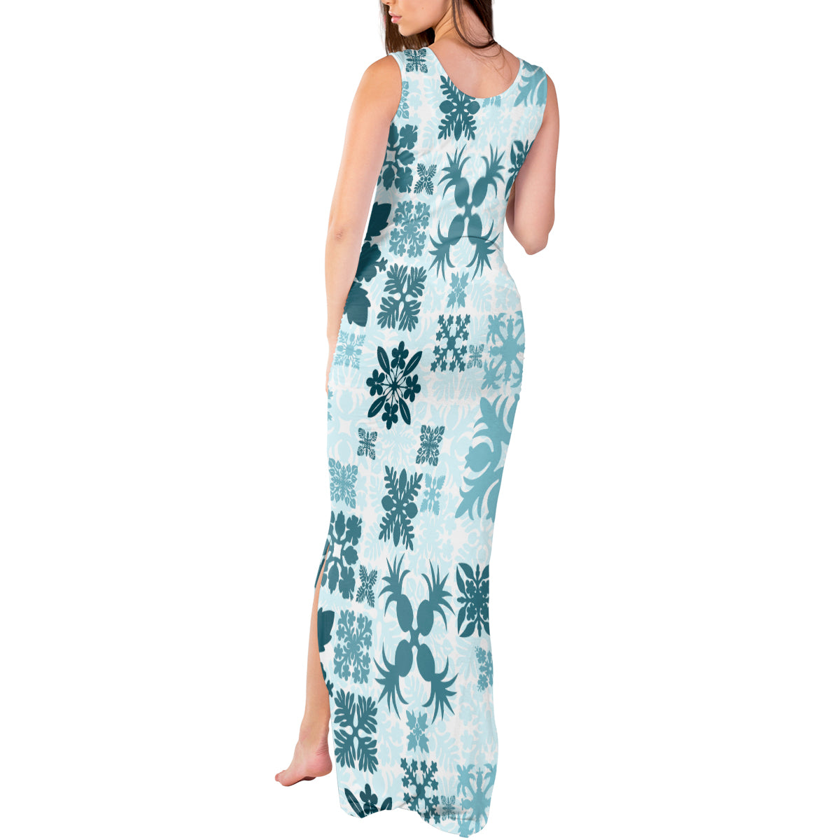 Vintage Hawaii Tank Maxi Dress Hawaiian Quilt Kapa Mismatch Teal - Wonder Print Shop