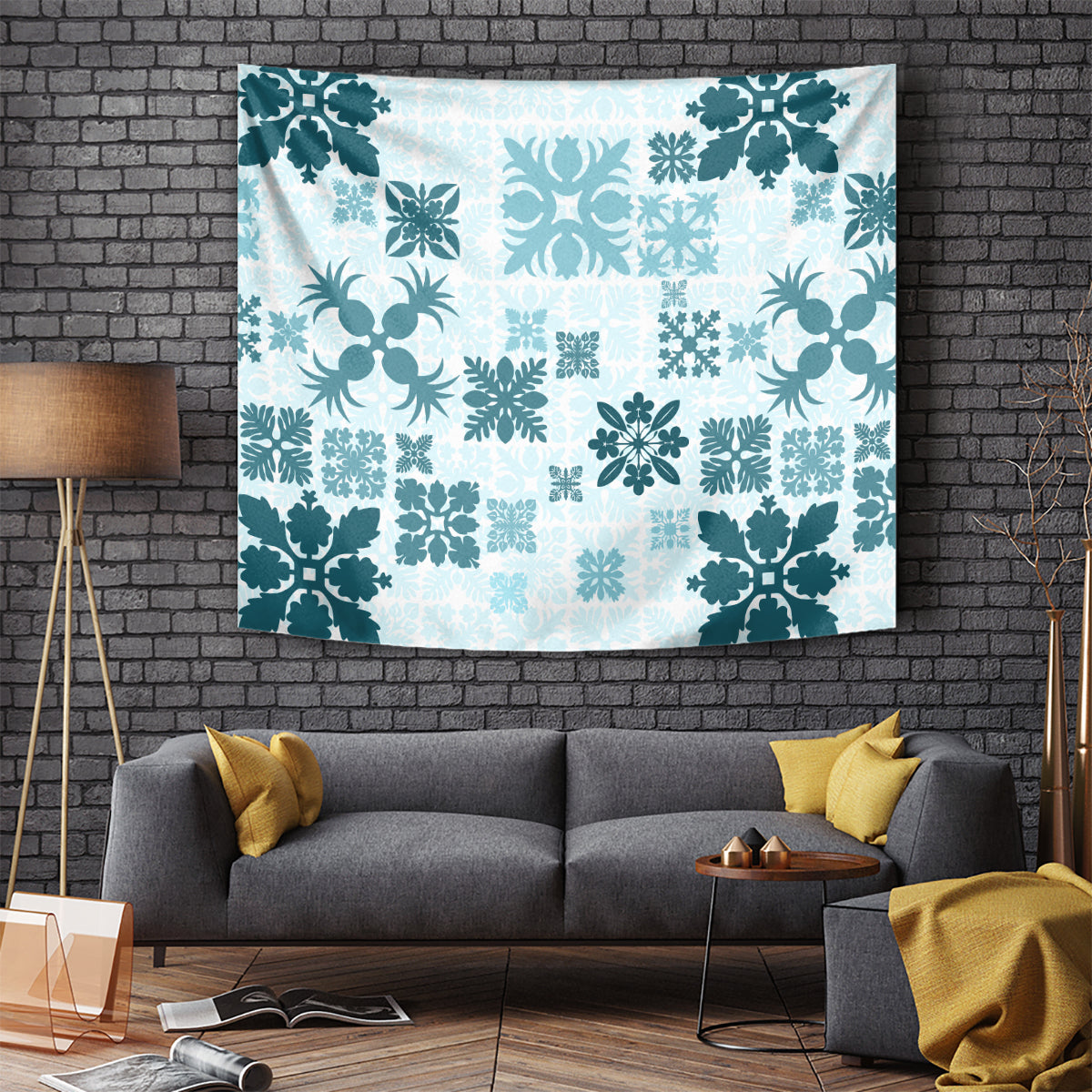 Vintage Hawaii Tapestry Hawaiian Quilt Kapa Mismatch Teal - Wonder Print Shop