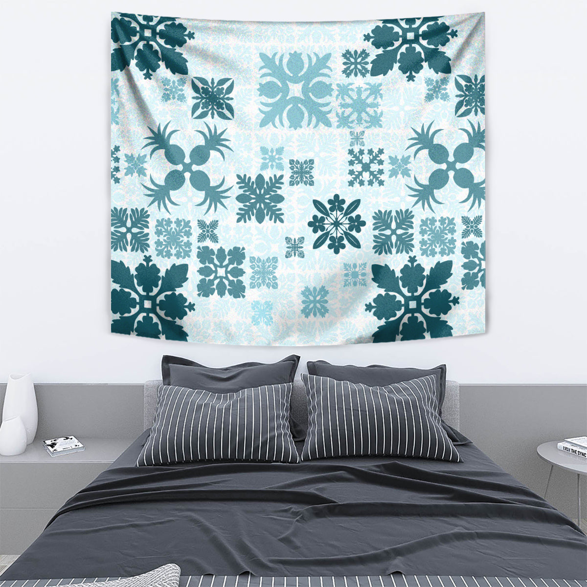 Vintage Hawaii Tapestry Hawaiian Quilt Kapa Mismatch Teal - Wonder Print Shop
