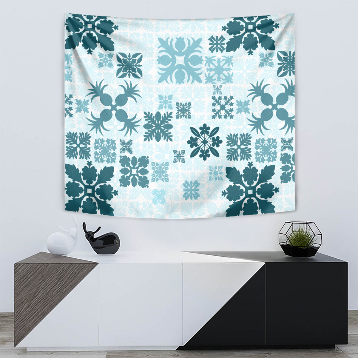 Vintage Hawaii Tapestry Hawaiian Quilt Kapa Mismatch Teal - Wonder Print Shop