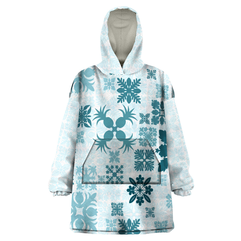 Vintage Hawaii Wearable Blanket Hoodie Hawaiian Quilt Kapa Mismatch Teal - Wonder Print Shop