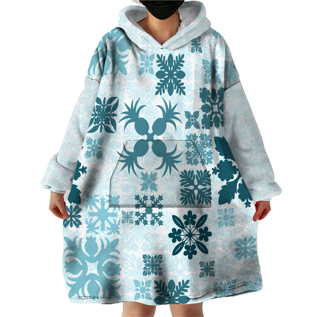 Vintage Hawaii Wearable Blanket Hoodie Hawaiian Quilt Kapa Mismatch Teal - Wonder Print Shop