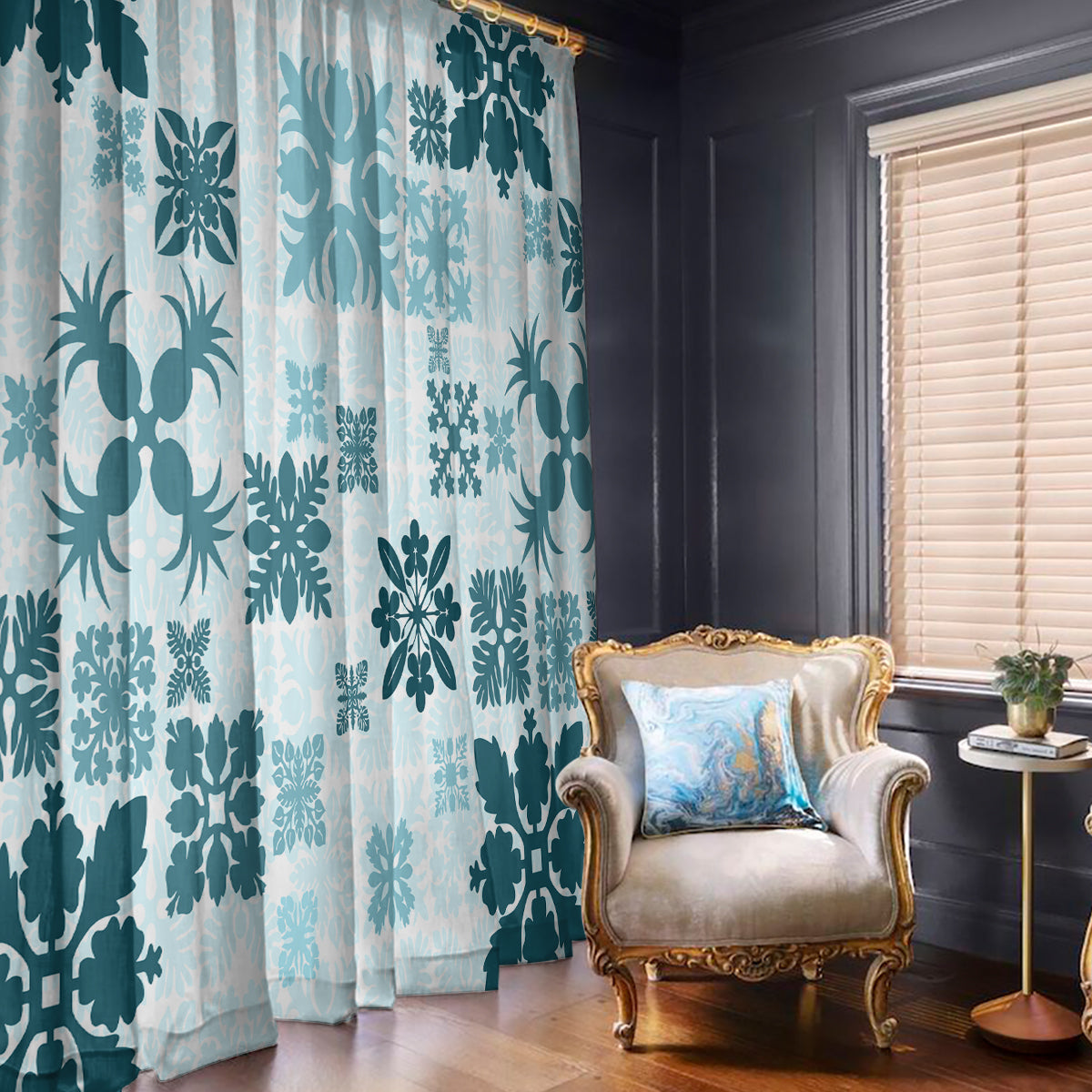 Vintage Hawaii Window Curtain Hawaiian Quilt Kapa Mismatch Teal - Wonder Print Shop