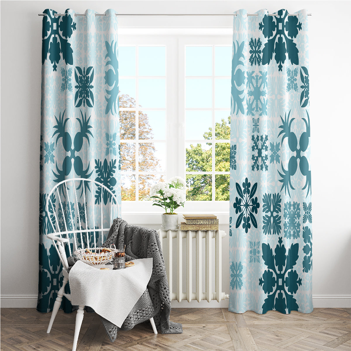 Vintage Hawaii Window Curtain Hawaiian Quilt Kapa Mismatch Teal - Wonder Print Shop