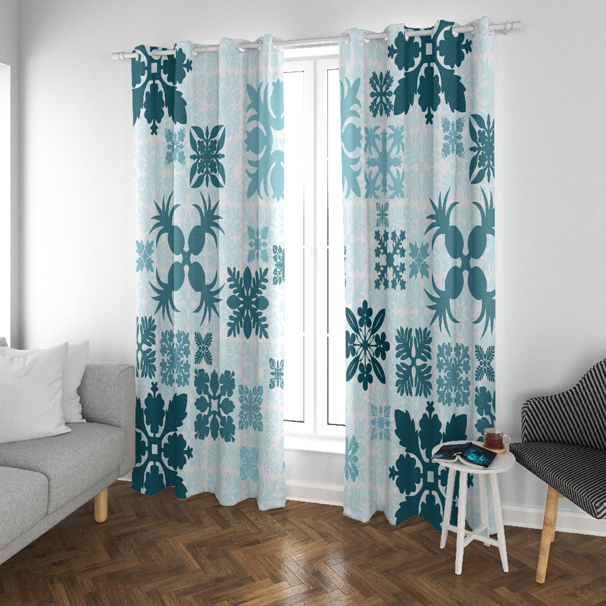 Vintage Hawaii Window Curtain Hawaiian Quilt Kapa Mismatch Teal - Wonder Print Shop