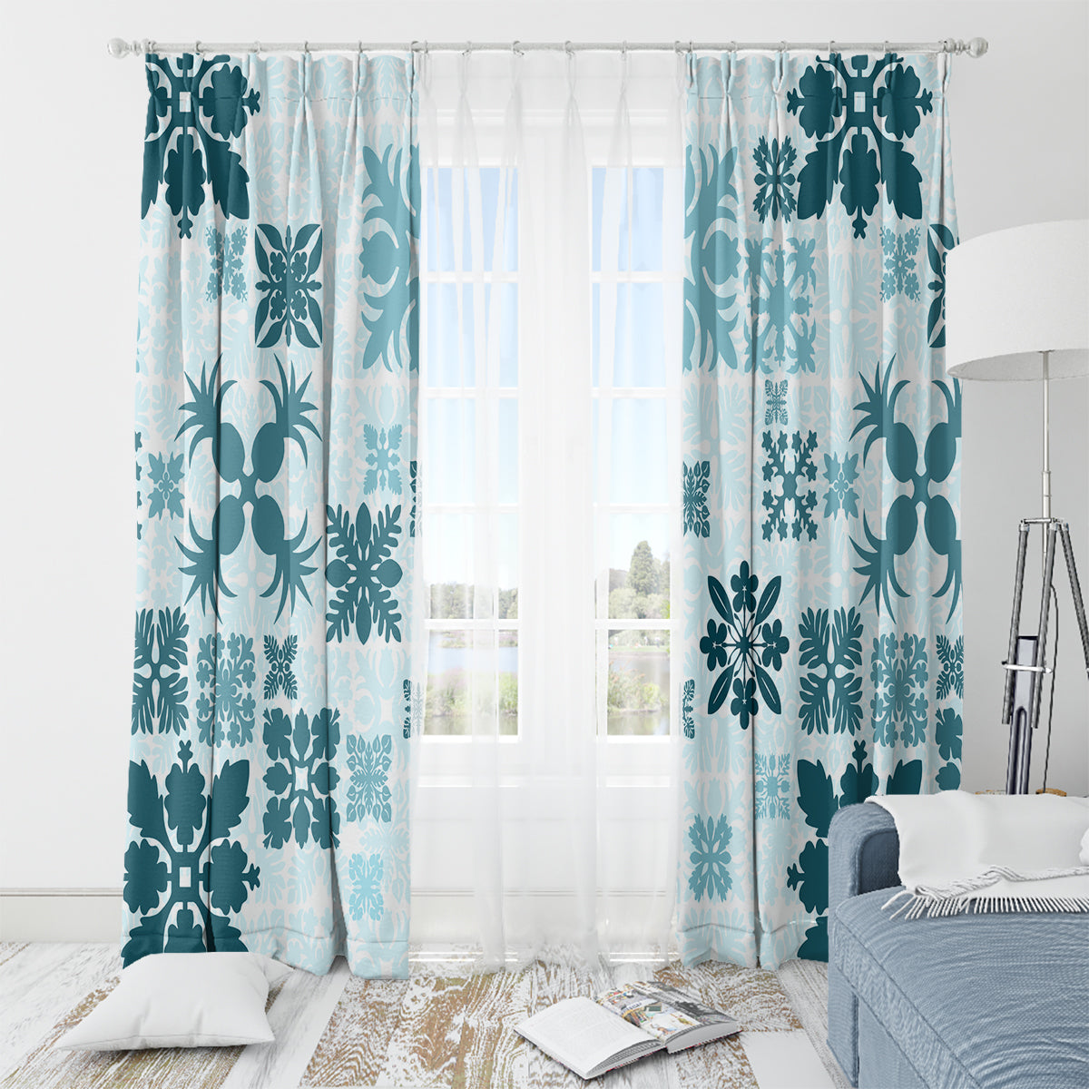 Vintage Hawaii Window Curtain Hawaiian Quilt Kapa Mismatch Teal - Wonder Print Shop