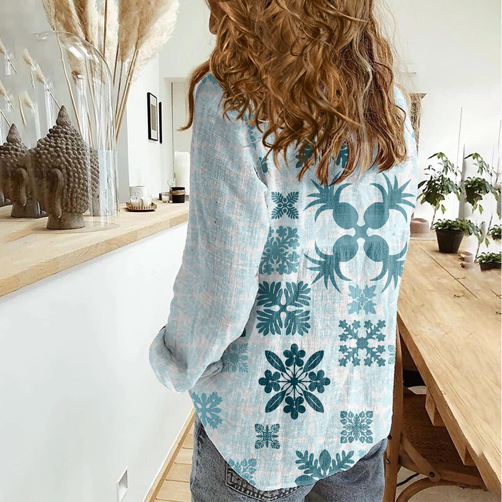 Vintage Hawaii Women Casual Shirt Hawaiian Quilt Kapa Mismatch Teal - Wonder Print Shop