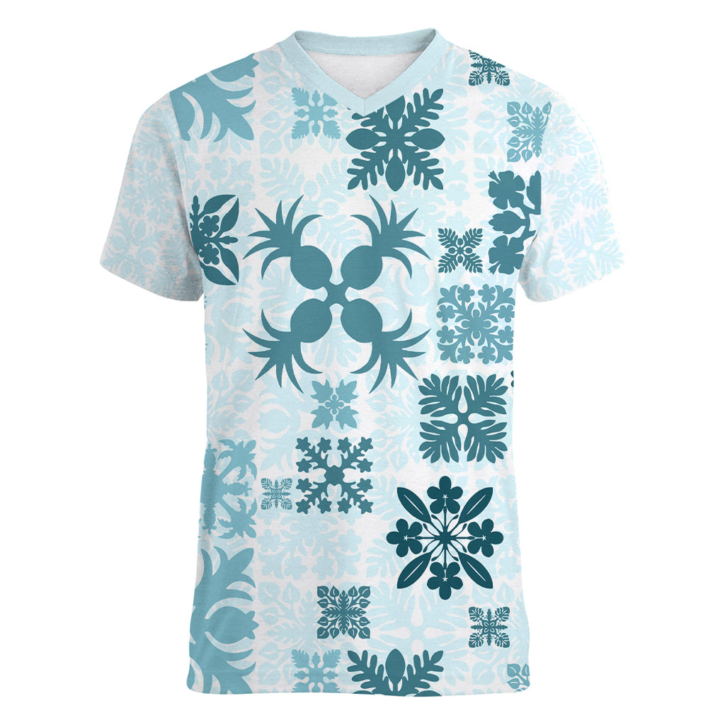 Vintage Hawaii Women V Neck T Shirt Hawaiian Quilt Kapa Mismatch Teal - Wonder Print Shop