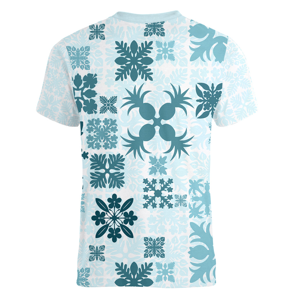 Vintage Hawaii Women V Neck T Shirt Hawaiian Quilt Kapa Mismatch Teal - Wonder Print Shop