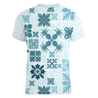 Vintage Hawaii Women V Neck T Shirt Hawaiian Quilt Kapa Mismatch Teal - Wonder Print Shop