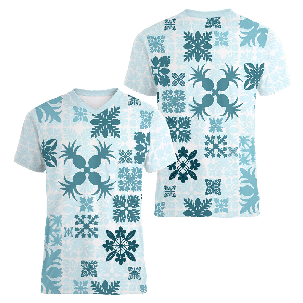 Vintage Hawaii Women V Neck T Shirt Hawaiian Quilt Kapa Mismatch Teal - Wonder Print Shop