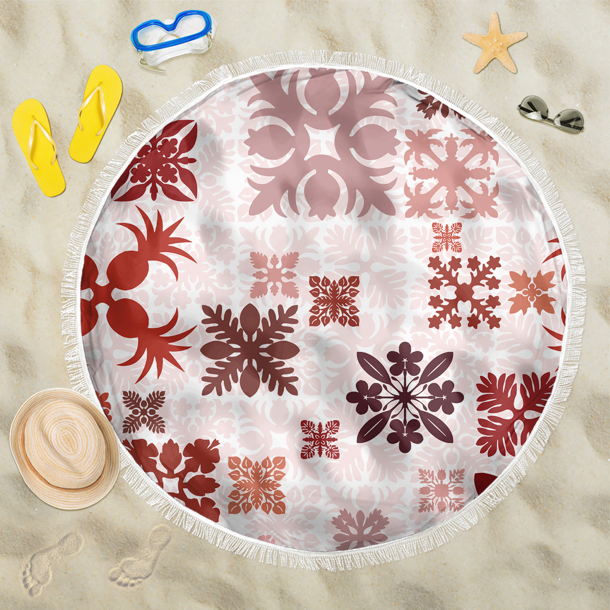 Vintage Hawaii Beach Blanket Hawaiian Quilt Kapa Mismatch Red LT7 - Wonder Print Shop