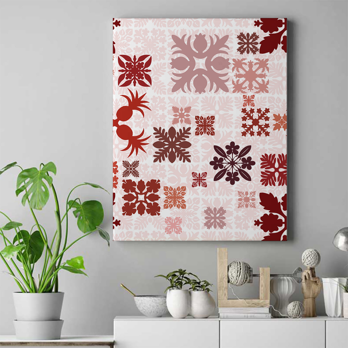Vintage Hawaii Canvas Wall Art Hawaiian Quilt Kapa Mismatch Red LT7 - Wonder Print Shop