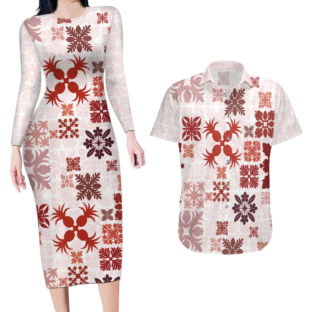 Vintage Hawaii Couples Matching Long Sleeve Bodycon Dress and Hawaiian Shirt Hawaiian Quilt Kapa Mismatch Red LT7 - Wonder Print Shop