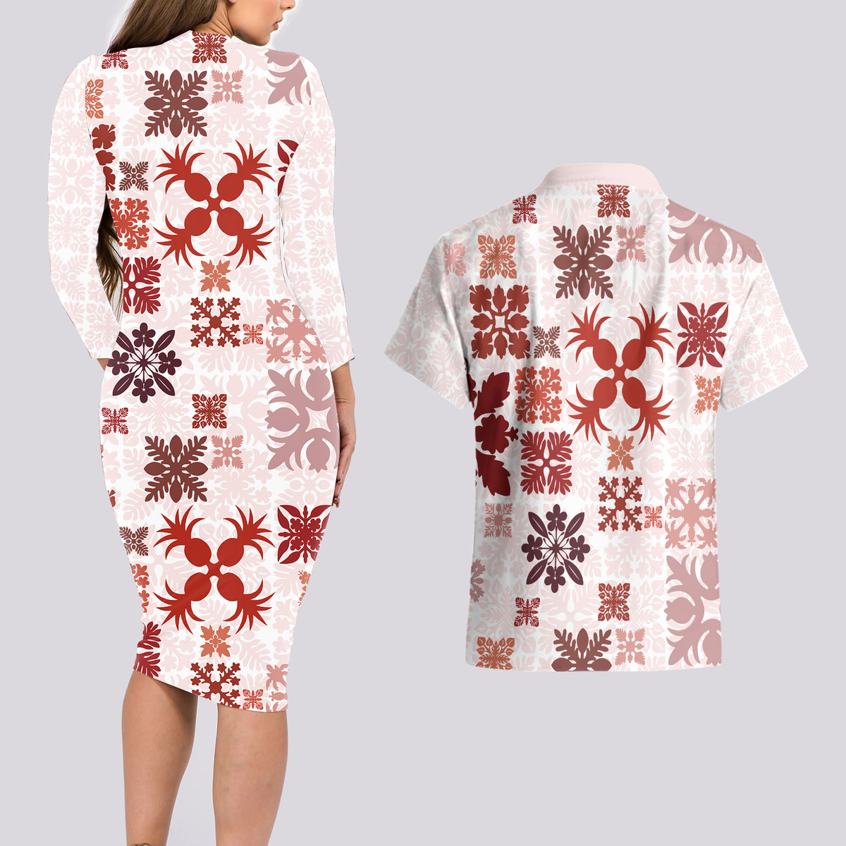 Vintage Hawaii Couples Matching Long Sleeve Bodycon Dress and Hawaiian Shirt Hawaiian Quilt Kapa Mismatch Red LT7 - Wonder Print Shop