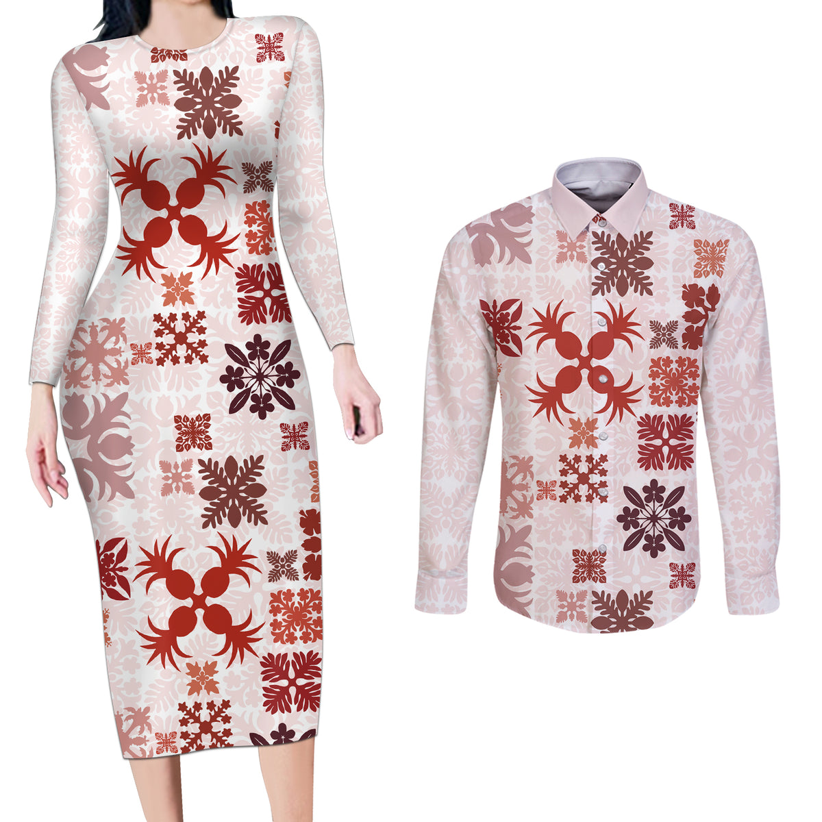 Vintage Hawaii Couples Matching Long Sleeve Bodycon Dress and Long Sleeve Button Shirts Hawaiian Quilt Kapa Mismatch Red LT7 - Wonder Print Shop