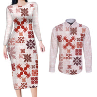 Vintage Hawaii Couples Matching Long Sleeve Bodycon Dress and Long Sleeve Button Shirts Hawaiian Quilt Kapa Mismatch Red LT7 - Wonder Print Shop