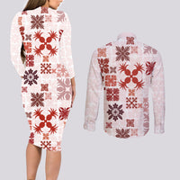 Vintage Hawaii Couples Matching Long Sleeve Bodycon Dress and Long Sleeve Button Shirts Hawaiian Quilt Kapa Mismatch Red LT7 - Wonder Print Shop