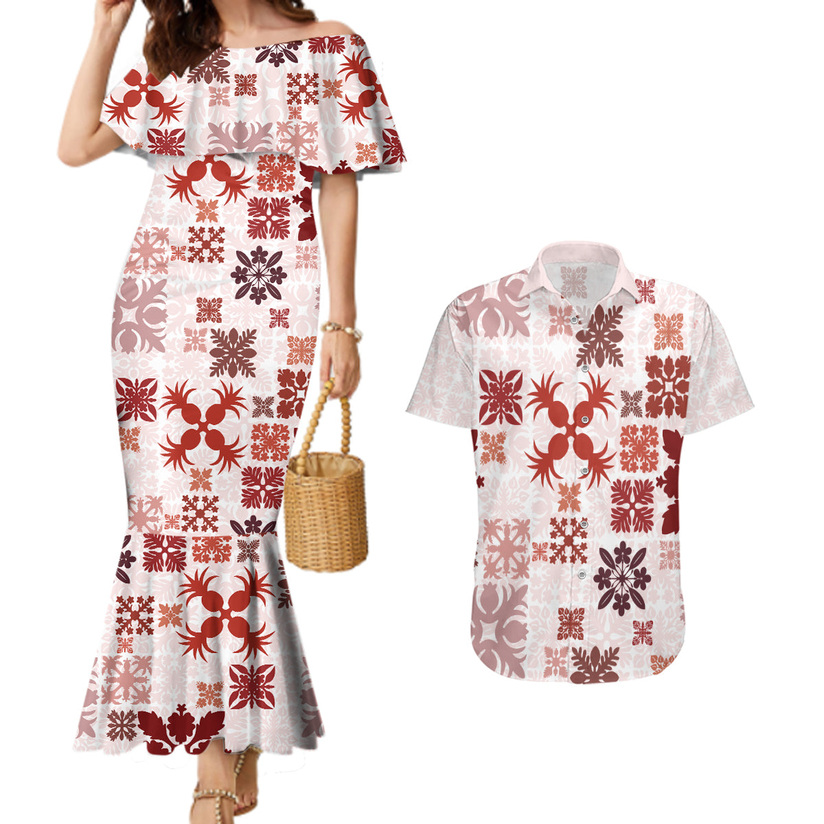 Vintage Hawaii Couples Matching Mermaid Dress and Hawaiian Shirt Hawaiian Quilt Kapa Mismatch Red LT7 - Wonder Print Shop