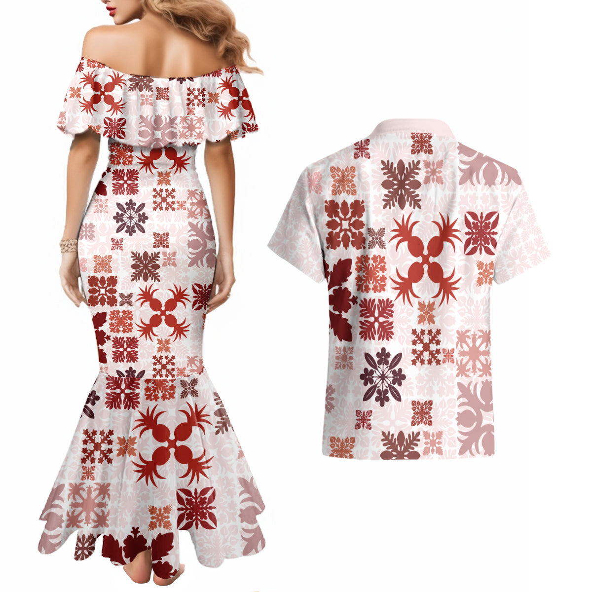 Vintage Hawaii Couples Matching Mermaid Dress and Hawaiian Shirt Hawaiian Quilt Kapa Mismatch Red LT7 - Wonder Print Shop