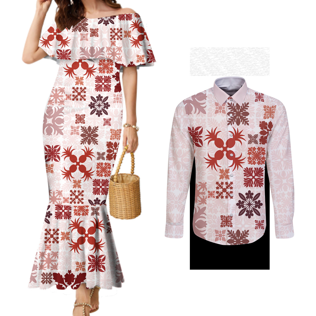 vintage-hawaii-couples-matching-mermaid-dress-and-long-sleeve-button-shirts-hawaiian-quilt-kapa-mismatch-red