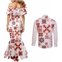 vintage-hawaii-couples-matching-mermaid-dress-and-long-sleeve-button-shirts-hawaiian-quilt-kapa-mismatch-red