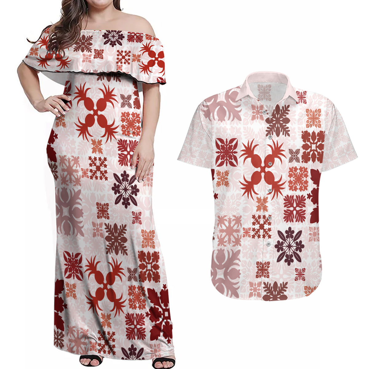 Vintage Hawaii Couples Matching Off Shoulder Maxi Dress and Hawaiian Shirt Hawaiian Quilt Kapa Mismatch Red LT7 - Wonder Print Shop
