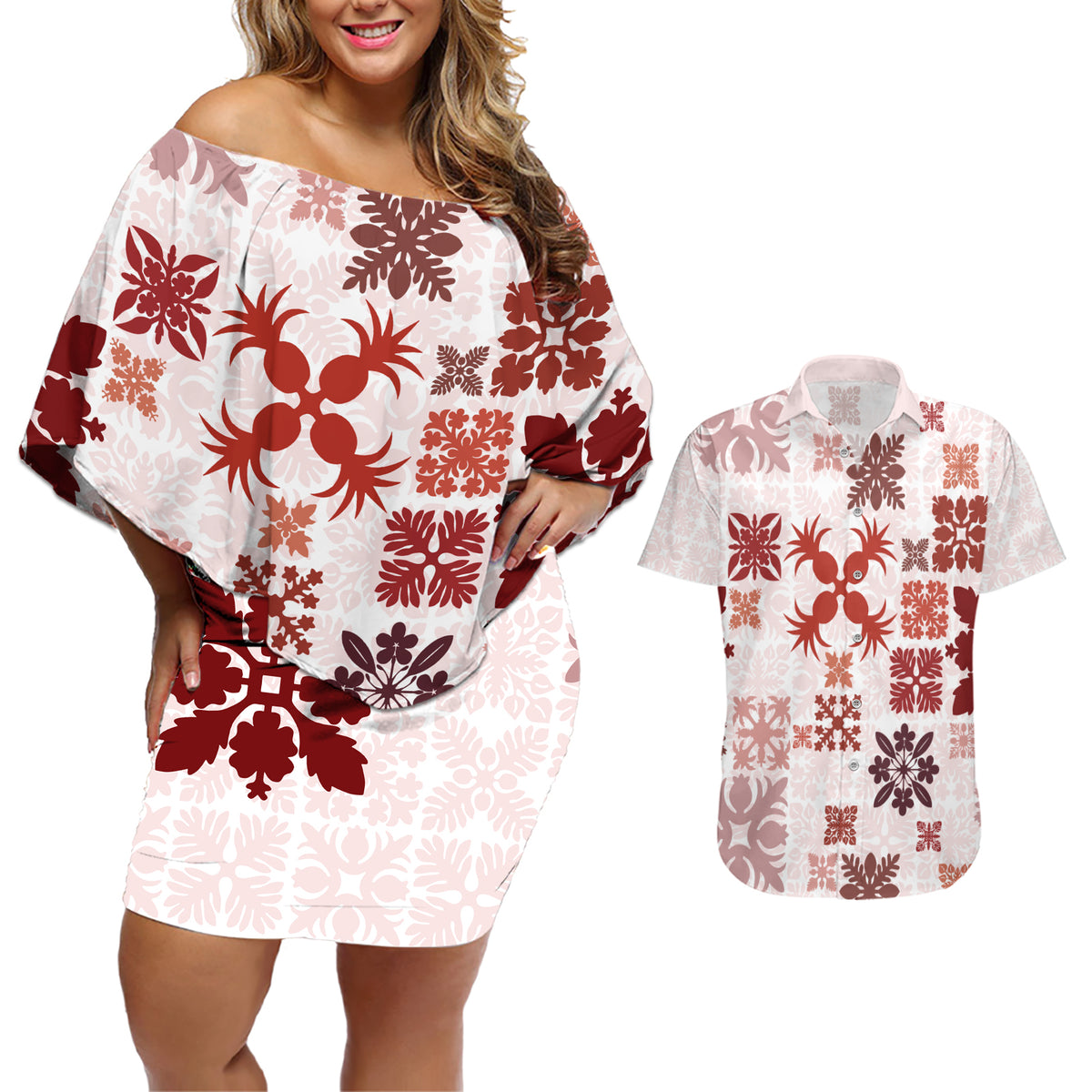 Vintage Hawaii Couples Matching Off Shoulder Short Dress and Hawaiian Shirt Hawaiian Quilt Kapa Mismatch Red LT7 - Wonder Print Shop