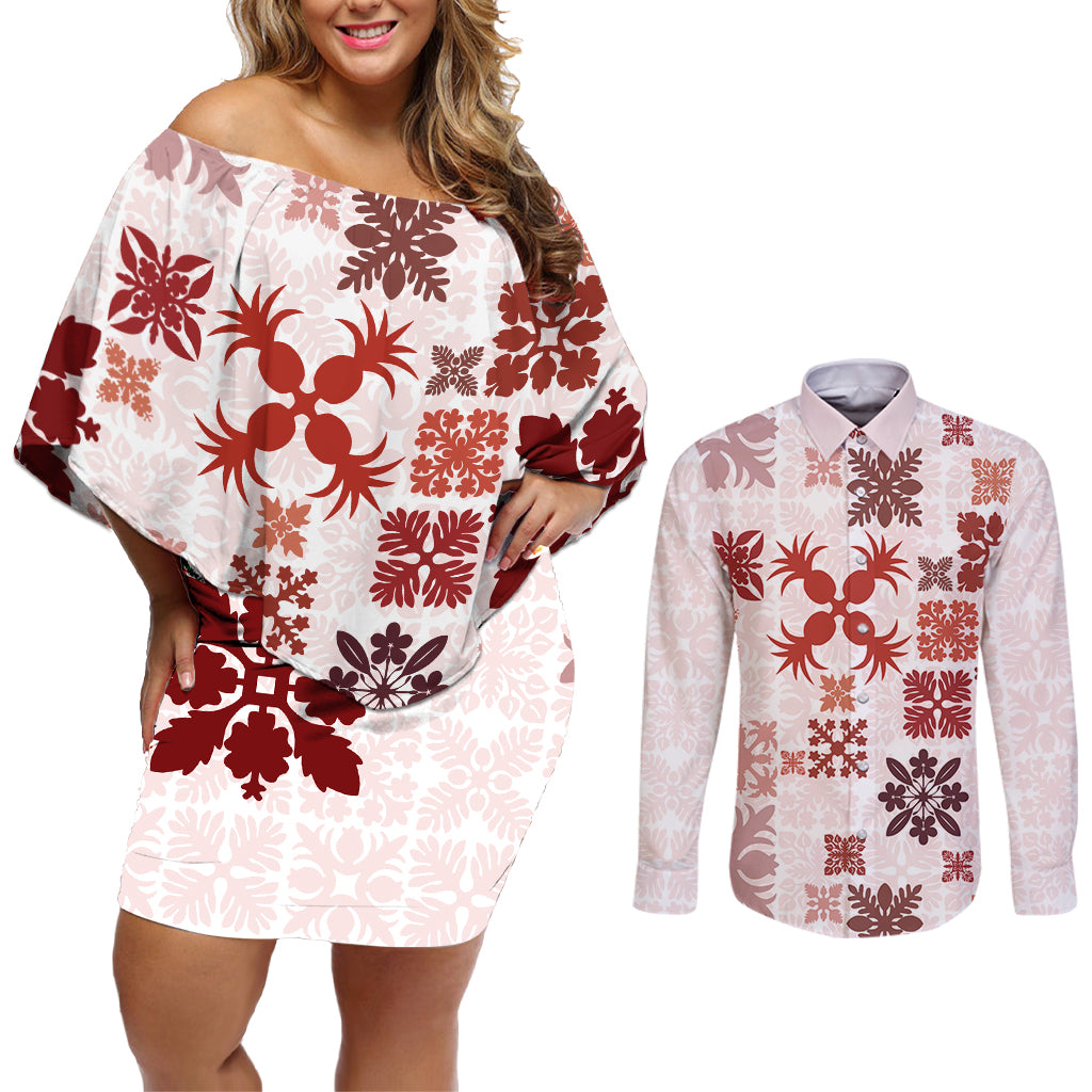 Vintage Hawaii Couples Matching Off Shoulder Short Dress and Long Sleeve Button Shirts Hawaiian Quilt Kapa Mismatch Red LT7 - Wonder Print Shop