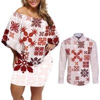 Vintage Hawaii Couples Matching Off Shoulder Short Dress and Long Sleeve Button Shirts Hawaiian Quilt Kapa Mismatch Red LT7 - Wonder Print Shop