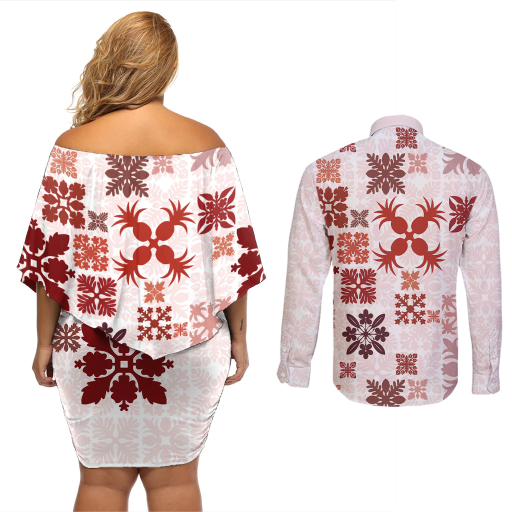 Vintage Hawaii Couples Matching Off Shoulder Short Dress and Long Sleeve Button Shirts Hawaiian Quilt Kapa Mismatch Red LT7 - Wonder Print Shop