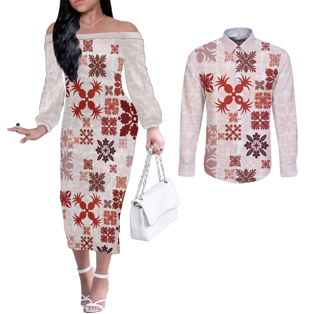 vintage-hawaii-couples-matching-off-the-shoulder-long-sleeve-dress-and-long-sleeve-button-shirts-hawaiian-quilt-kapa-mismatch-red