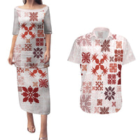 Vintage Hawaii Couples Matching Puletasi Dress and Hawaiian Shirt Hawaiian Quilt Kapa Mismatch Red LT7 - Wonder Print Shop