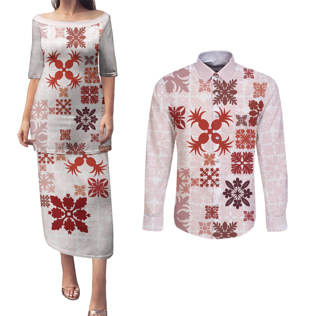 Vintage Hawaii Couples Matching Puletasi Dress and Long Sleeve Button Shirts Hawaiian Quilt Kapa Mismatch Red LT7 - Wonder Print Shop