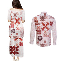 Vintage Hawaii Couples Matching Puletasi Dress and Long Sleeve Button Shirts Hawaiian Quilt Kapa Mismatch Red LT7 - Wonder Print Shop