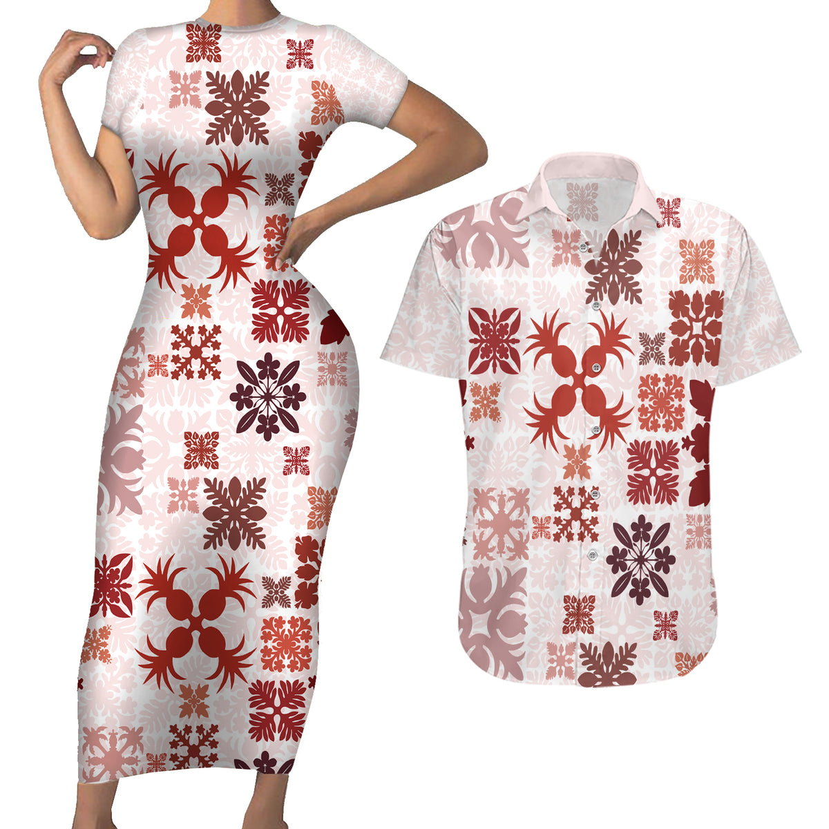 Vintage Hawaii Couples Matching Short Sleeve Bodycon Dress and Hawaiian Shirt Hawaiian Quilt Kapa Mismatch Red LT7 - Wonder Print Shop