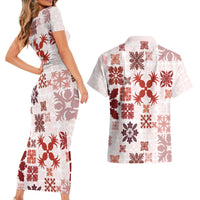 Vintage Hawaii Couples Matching Short Sleeve Bodycon Dress and Hawaiian Shirt Hawaiian Quilt Kapa Mismatch Red LT7 - Wonder Print Shop