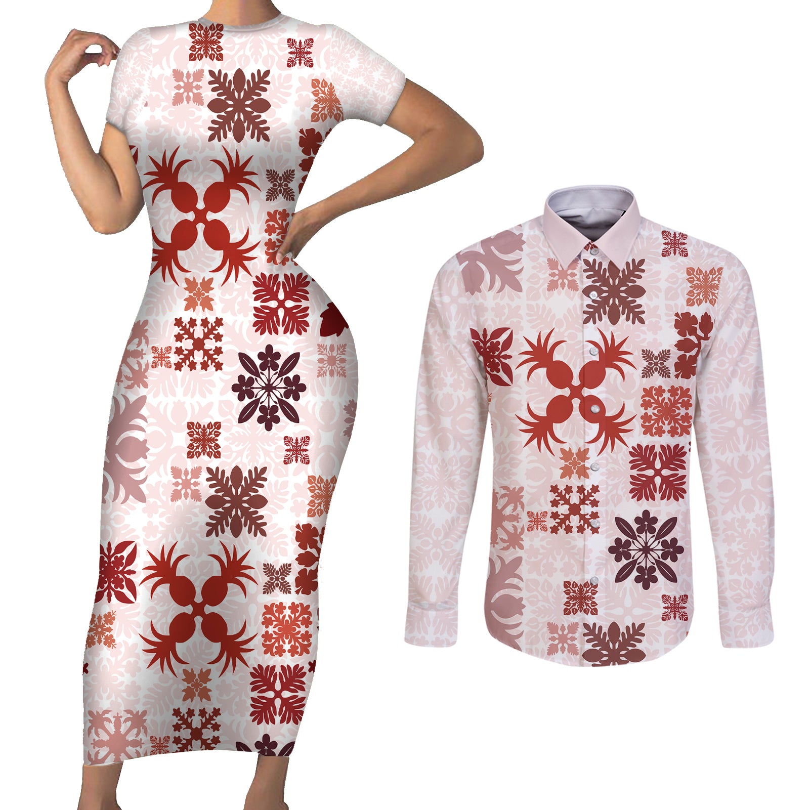 Vintage Hawaii Couples Matching Short Sleeve Bodycon Dress and Long Sleeve Button Shirts Hawaiian Quilt Kapa Mismatch Red LT7 - Wonder Print Shop