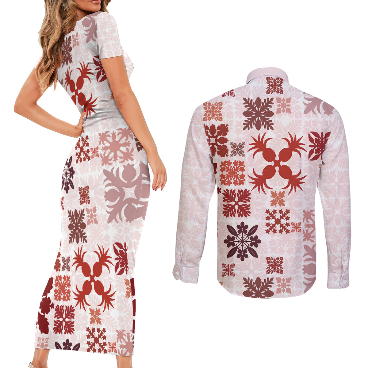 Vintage Hawaii Couples Matching Short Sleeve Bodycon Dress and Long Sleeve Button Shirts Hawaiian Quilt Kapa Mismatch Red LT7 - Wonder Print Shop