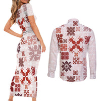 Vintage Hawaii Couples Matching Short Sleeve Bodycon Dress and Long Sleeve Button Shirts Hawaiian Quilt Kapa Mismatch Red LT7 - Wonder Print Shop