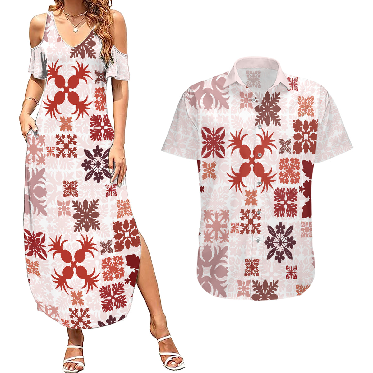 Vintage Hawaii Couples Matching Summer Maxi Dress and Hawaiian Shirt Hawaiian Quilt Kapa Mismatch Red LT7 - Wonder Print Shop