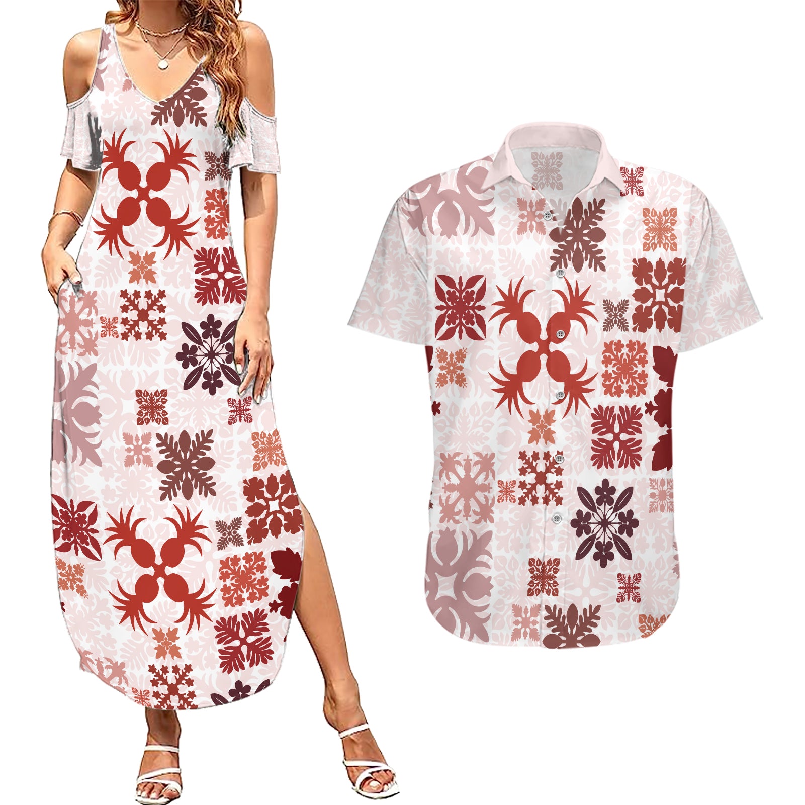 Vintage Hawaii Couples Matching Summer Maxi Dress and Hawaiian Shirt Hawaiian Quilt Kapa Mismatch Red LT7 - Wonder Print Shop